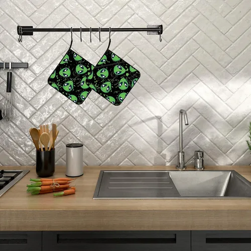 Miniatura 5 de Soportes para ollas verdes de alienígena, 2 unidades para cocina, almohadillas calientes resistentes al calor para cocinar a la parrilla, hornear
