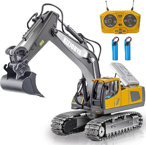 KIZJORYA Excavadora de Control Remoto, Juguetes para Niños de 6-12 Años, Vehículos de Construcción Camión RC Recargable de 11 Canales con Sonido,