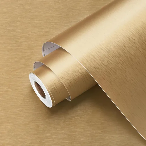 Wallercity Papel adhesivo de acero inoxidable dorado cepillado para encimeras, papel tapiz metálico dorado para despegar y pegar, envoltura de