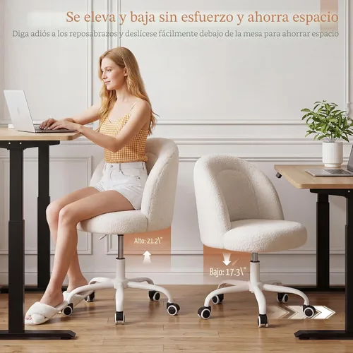 Miniatura 6 de DurayLoly - Silla de tocador, silla de maquillaje de vellón suave con ruedas silenciosas, altura ajustable y giro de 360°, diseño sin brazos que