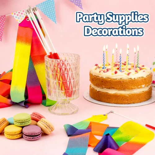 Miniatura 8 de Paquete de 20 varitas de baile de cinta para niños, cinta de baile arcoíris, suministros de decoración de fiesta de princesa, barra de cinta