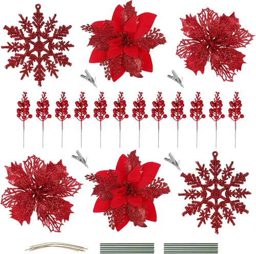 Miniatura 7 de RECUTMS 60 PCS Flores Artificiales de Nochebuena para Decoración del Árbol de Navidad Juego con Clip, 18 Flores de Nochebuena con 12 Tallos de Bayas
