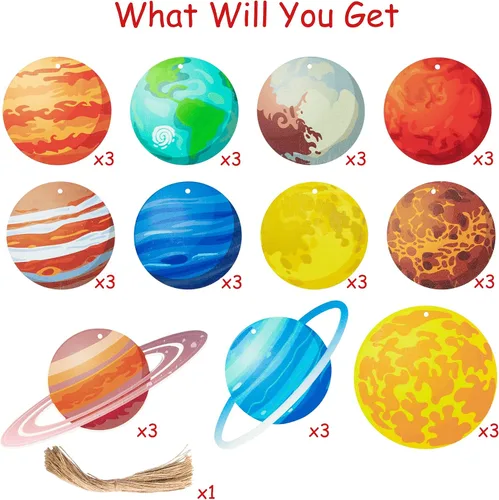 Miniatura 3 de Haooryx 34 piezas de adornos colgantes de madera del espacio exterior, adornos temáticos del sistema solar, Tierra, Saturno, Júpiter, colgantes