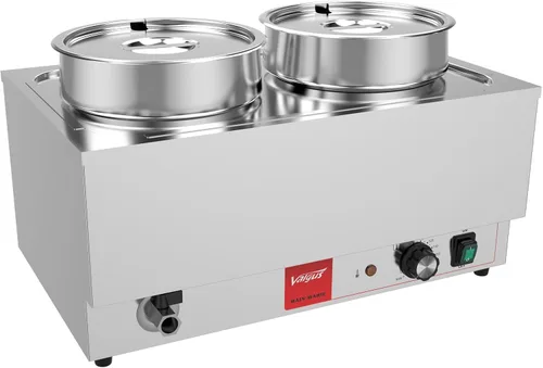 Valgus Calentador de alimentos comercial de acero inoxidable Bain Marie, 2 ollas redondas, calentador de sopa eléctrico con tapa y grifo para el