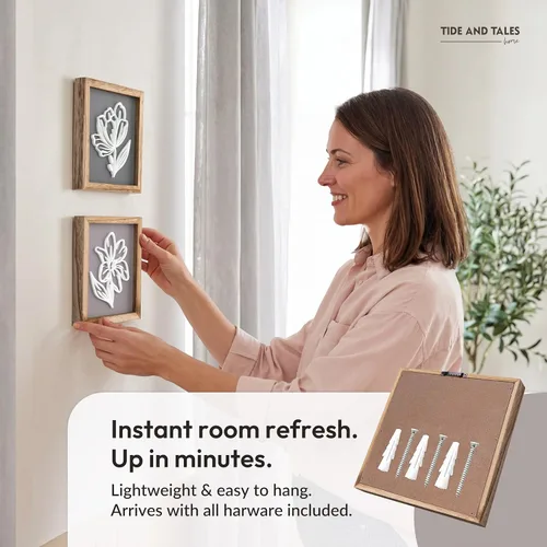 Miniatura 3 de Tide and Tales Arte de pared floral botánico 3D (juego de 2 marcos) listo para colgar, decoración bohemia ligera para paredes, decoraciones Naturales