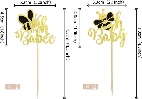 Miniatura 2 de 24 piezas de adornos para cupcakes Bee Oh Baby con purpurina dorada Bumble Bee Oh Babee, palillos para cupcakes con tema de bumble bee para baby
