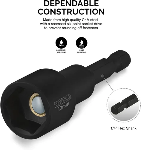 Miniatura 2 de Neiko 10191A Juego de llaves para tuercas magnéticas preparadas para impacto 6 piezas MM 8 a 14 mm Longitud de 2-9/16” Cr-V, métrico, Kit