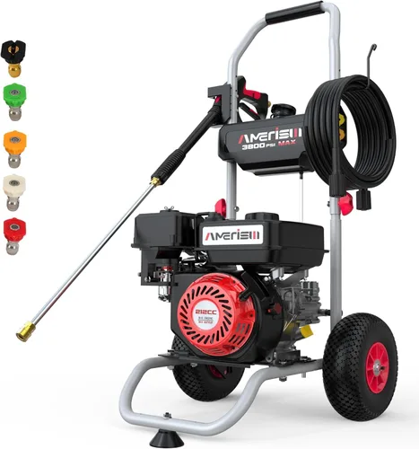 Lavadora a presión de gas 3800 PSI 2.5 GPM, motor OHV de 212cc, lavadora de alta resistencia con 5 boquillas y ruedas de 10 pulgadas, portátil para
