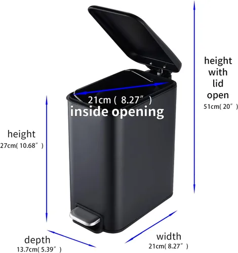 Miniatura 2 de HILFA Basurero compacto de acero inoxidable con escalón rectangular de 5 litros/1.3 galones, baño y cocina, negro mate, SB3200-MB