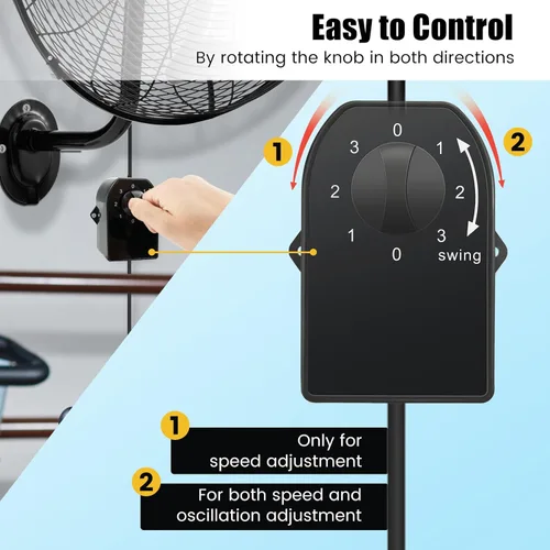 Miniatura 3 de Tangkula Ventilador de pared de 20 pulgadas con aspas de aluminio, ventilador de pared de metal oscilante industrial de 3 velocidades, resistente