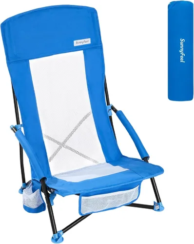 Miniatura 13 de SUNNYFEEL Silla de playa baja – Sillas de playa plegables con respaldo alto para adultos con portavasos y bolsillo lateral, mochila ligera silla
