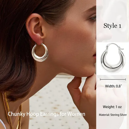 Miniatura 60 de Aretes de aro gruesos de oro para mujer, chapados en oro de 14 quilates, aretes de aro triple, hipoalergénicos, a la moda, aretes de aro gruesos