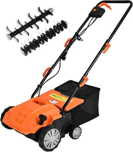 Goplus Desbrozador y escarificador de césped 2 en 1, desbrozadora ajustable de 3 niveles de profundidad con bolsa de recolección de 11 galones y 2