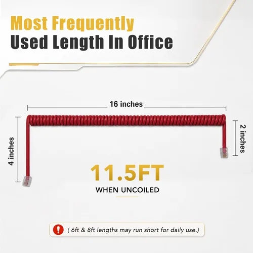 Miniatura 3 de Comtrue Cables de teléfono fijo, cables para teléfono celular, rojo, 11.5 pies sin enrollar, 16 pulgadas en espiral, paquete de 2, compatible