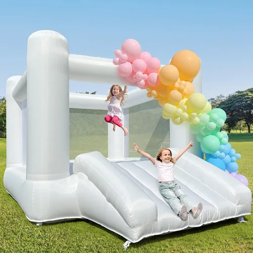 iLink-outer - Casa de rebote blanca para niños grandes de 8 a 12 años, para interiores y exteriores, con tobogán y soplador de aire, 133.86 x 96.46