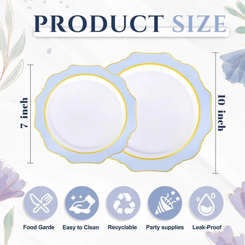 Miniatura 8 de WDF 100 piezas de platos de plástico azul - Platos desechables azul claro - Platos de plástico con borde festoneado resistente