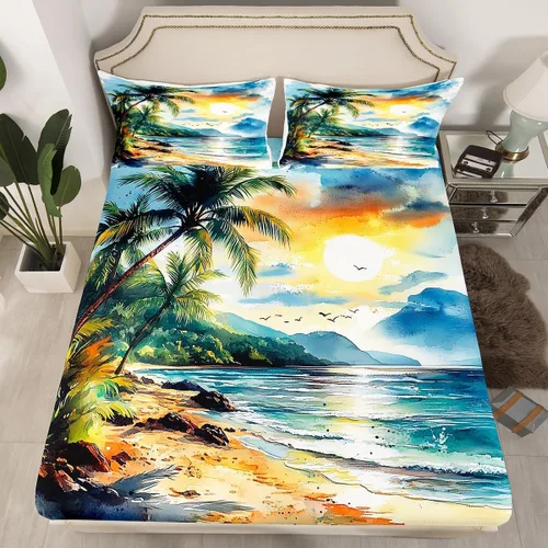 Miniatura 4 de Juego de sábanas de 3 piezas con diseño de playa oceánica, diseño de árbol de coco tropical, para decoración de habitación de niños, niñas, niños