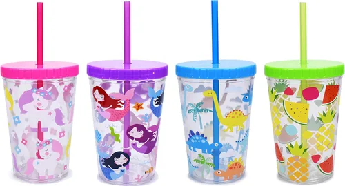 Miniatura 6 de Vaso de agua para niños de 16 onzas, paquete de 4 unidades, sin BPA, tapa con pajilla, reutilizable, ligero, a prueba de derrames, con bonito diseño