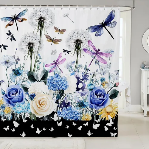 Regalos de libélula para mujer, cortina de baño de diente de león, colorida cortina de ducha con mariposas y libélulas para damas, juego de cortinas
