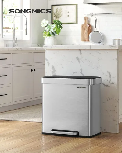 Miniatura 2 de SONGMICS Basurero de cocina de 16 galones (2 x 8 galones) con doble compartimento, cubo de reciclaje de pedal de 60 L, se mantiene abierto y cierre