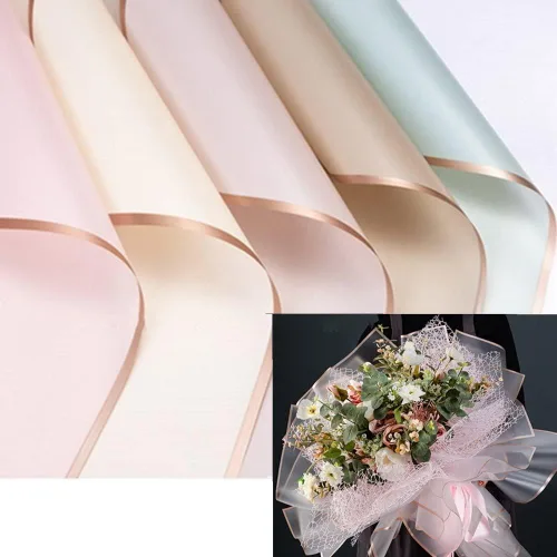 OUKEYI Papel de regalo floral impermeable con borde dorado, 25 unidades, 5 colores, suministros de ramo de floristería, manualidades, embalaje de
