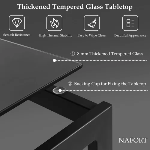 Miniatura 2 de NAFORT Juego de mesa de comedor para 4, mesa rectangular de vidrio templado de 48.5 pulgadas con 4 sillas de comedor de piel sintética negra, mesas