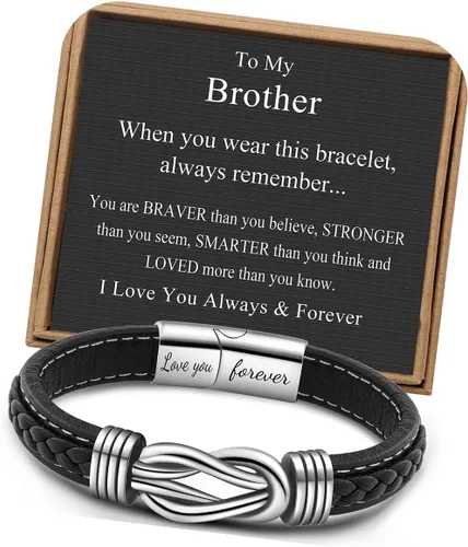 Miniatura 9 de Pulseras de nudo JoycuFF Regalos para hombres Marrón cuero trenzado acero inoxidable pulseras de infinito con inscripción Amor eterno Regalos