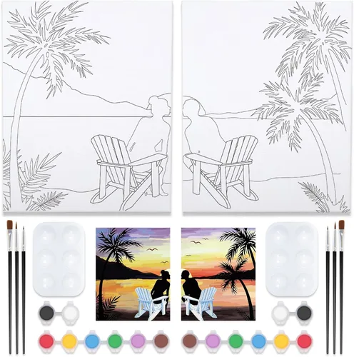 Miniatura 9 de Nuberlic Paquete de 2 Lienzos Predibujados de 8x10 pulgadas para Pintar para Adultos Kit de Pintar y Beber para Noche de Cita de Parejas Adultas