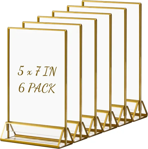 Boxalls Portarretratos acrílicos de 5 x 7 pulgadas, color dorado, paquete de 6 portarretratos para mesa de boda, soporte vertical para fotos de