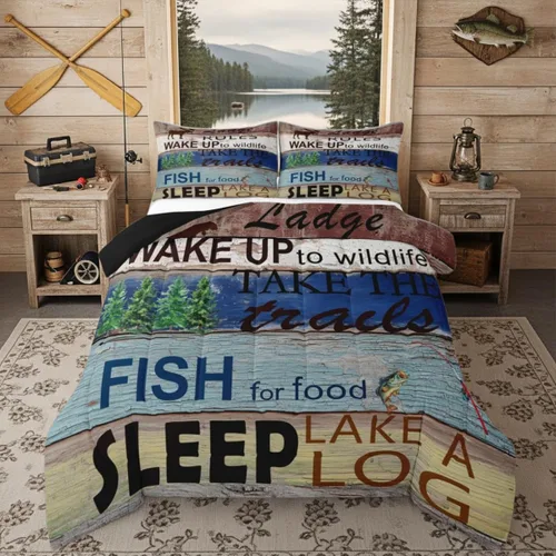 Miniatura 14 de Juego de ropa de cama King para casa del lago, juego de edredón de paleta de madera retro para regalos para amantes del lago, inserto de edredón