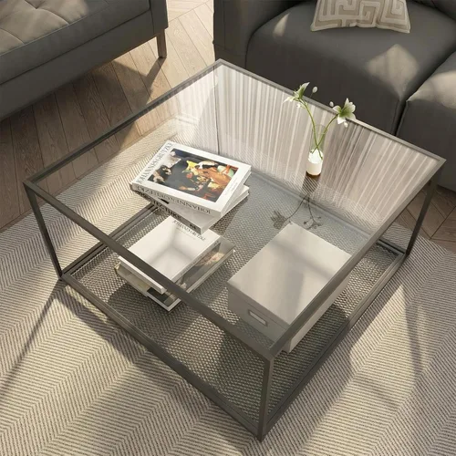 Miniatura 8 de Mesa de Café de Vidrio Negro para Sala de Estar, Mesas de Café Cuadradas para Espacios Pequeños, Mesas Centro Modernas de Té y Cóctel Simples, Mesas