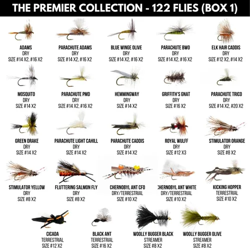 Miniatura 2 de Ventures Fly Co. Surtido de 122 moscas de pesca con mosca atadas a mano Dos cajas para moscas incluidas Seco, húmedo, ninfas, serpentinas