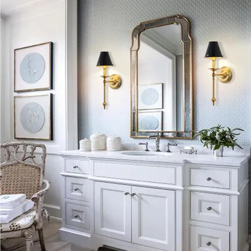 Miniatura 3 de Aplique de pared moderno industrial de mediados de siglo para baño, luz de tocador de latón cepillado con marco acabado y pantalla de metal negro