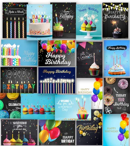 Tarjetas de feliz cumpleaños con sobres y calcomanías, 20 diseños únicos, notas de felicitación de 4 x 6 pulgadas cuando están plegadas, cartulina