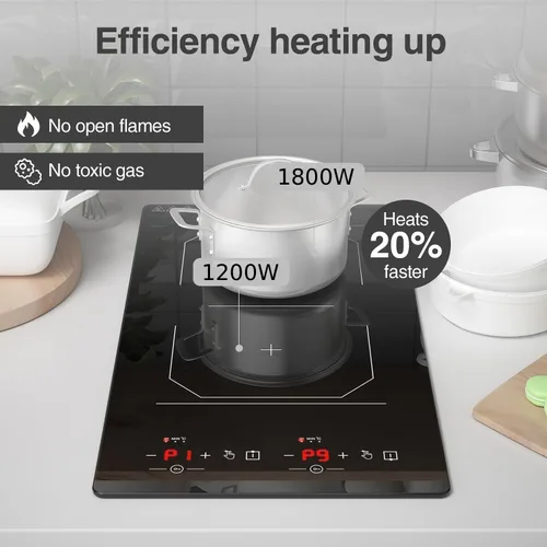 Miniatura 3 de ANHANE Placa de inducción de 2 quemadores, estufa eléctrica portátil de 12 pulgadas, 110 V integrada, placa de cocina doble de 2300 W con 9 ajustes