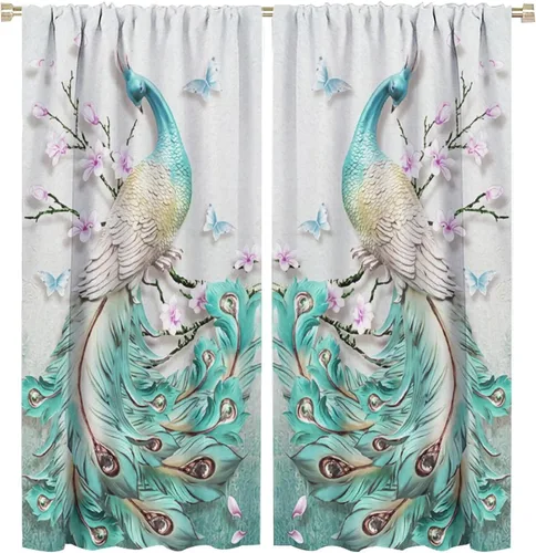 Miniatura 66 de Cortina opaca con estampado de pavo real, con estampado de animales retro, con bolsillo para cortinero y flores de peonía doradas, para dormitorio