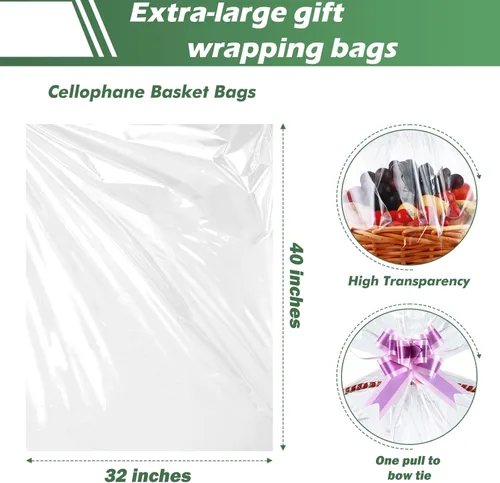 Miniatura 2 de 50 paquetes de bolsas de celofán de 32 x 40 pulgadas para cesta, extra grandes, grandes, grandes, bolsas de celofán transparente enormes