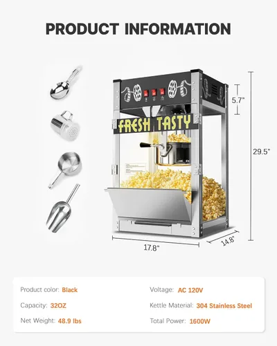 Miniatura 7 de Máquina comercial de palomitas de maíz de 32 onzas, máquina grande para hacer palomitas de maíz, máquina de palomitas de maíz para encimera de cine