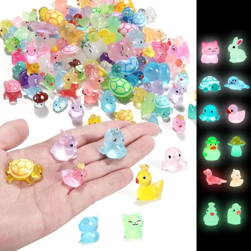 100 piezas de mini animales de resina, mini patos, unicornios, conejos, delfín, rana, dinosaurio, gato, animales luminosos que brillan en la