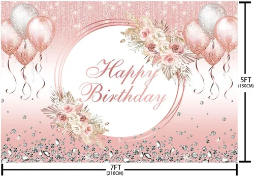Miniatura 5 de AIBIIN Telón de fondo bohemio de feliz cumpleaños de 7 x 5 pies para niña, globos rosas con purpurina, fondo de fotogarfia, decoración de fiesta