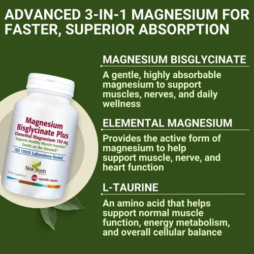 Miniatura 4 de New Roots Herbal Bisglicinato de magnesio Plus, 120 cápsulas vegetarianas de suministro para 60 días, 150 mg de magnesio elemental, soporta una vida
