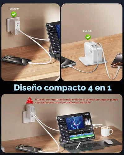Miniatura 7 de Cargador de pared retráctil 4 en 1 para iPhone 17 USB C, multipuerto de ladrillo esencial de viaje, iluminación de 3 pies + cables tipo C, bloque