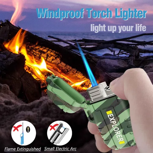 Miniatura 2 de Encendedor de antorcha, butano recargable, resistente al viento, gas para exteriores con llama de chorro ajustable, para chimenea, fuegos Camouflaje