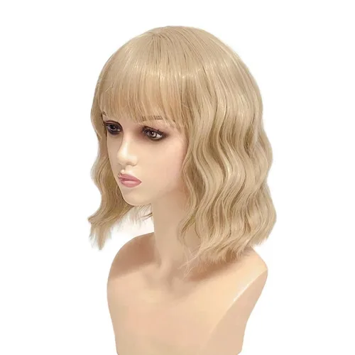 Miniatura 3 de Romantic Angels Peluca rubia ondulada con flequillo, pelucas sintéticas hasta el hombro para mujer, peluca de pelo de longitud media para mujer