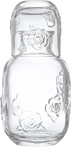Miniatura 18 de Sizikato Jarra de agua de noche de 15 onzas de cristal rosa en relieve rosa con vaso de cristal. Rosa rosado