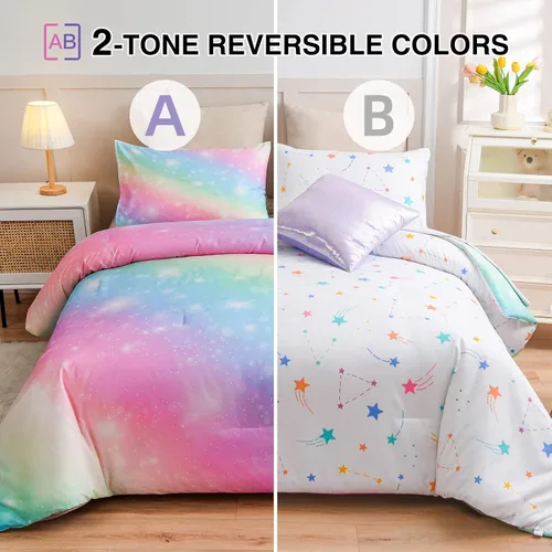 Miniatura 2 de A Nice Night Juego de ropa de cama de 6 piezas con purpurina degradada para niñas, juego de edredón colorido de galaxia arco iris, juegos de ropa