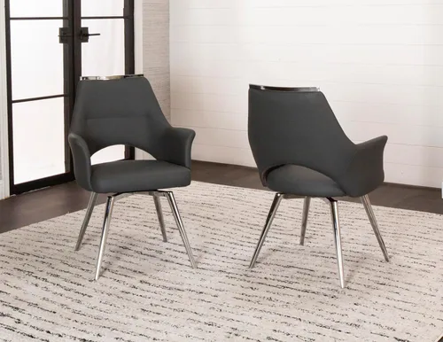 Miniatura 2 de Atlas Silla de comedor giratoria tapizada con brazos Asiento acolchado de cocina Patas cromadas pulidas en base giratoria Tapicería de tela