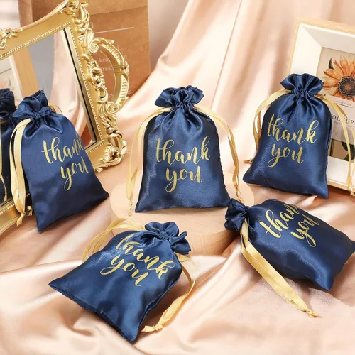 Miniatura 4 de Roowest 100 bolsas de regalo de satén con cordón de agradecimiento para joyas, bolsas de dulces para bodas, despedidas de soltera, baby shower, Azul