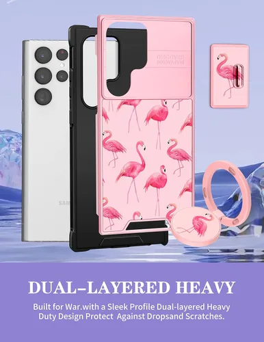 Miniatura 5 de Funda 2 en 1 para Samsung Galaxy S23 Ultra Flamingo para mujeres y niñas, diseño femenino de flamencos con cubierta deslizante para cámara y soporte