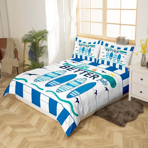 Miniatura 2 de Erosebridal Funda de edredón náutica para niños y niñas, juego de ropa de cama azul y blanco oceánico, funda de edredón de tabla de surf Hawaii